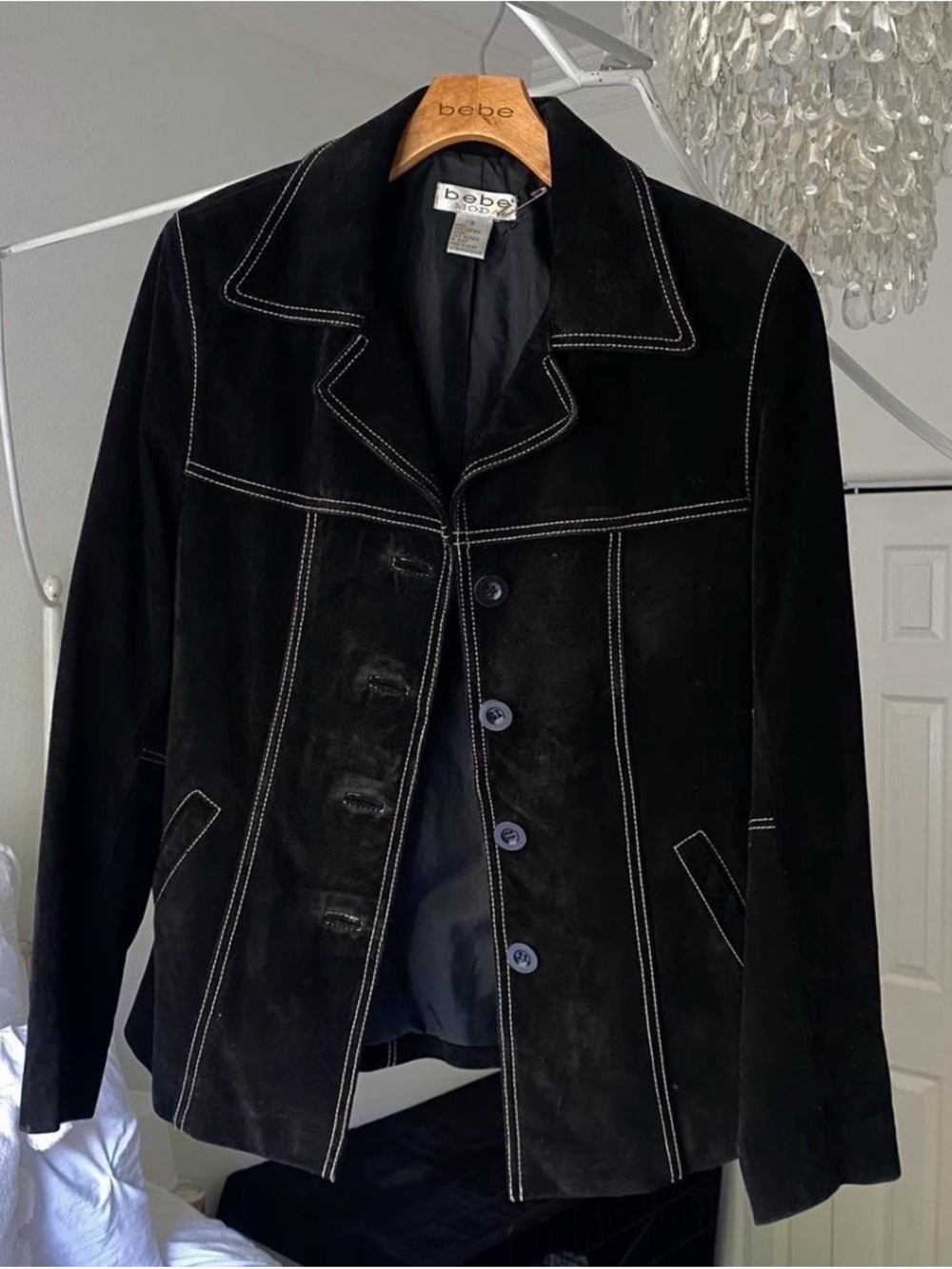 bebe Black Suede Jacket with White Contrast Stitching